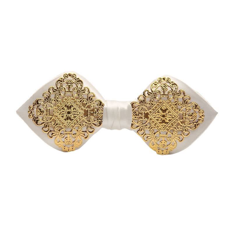 Men's Palace Pattern Gold Metal Pointed Bow Tie - White - image 6