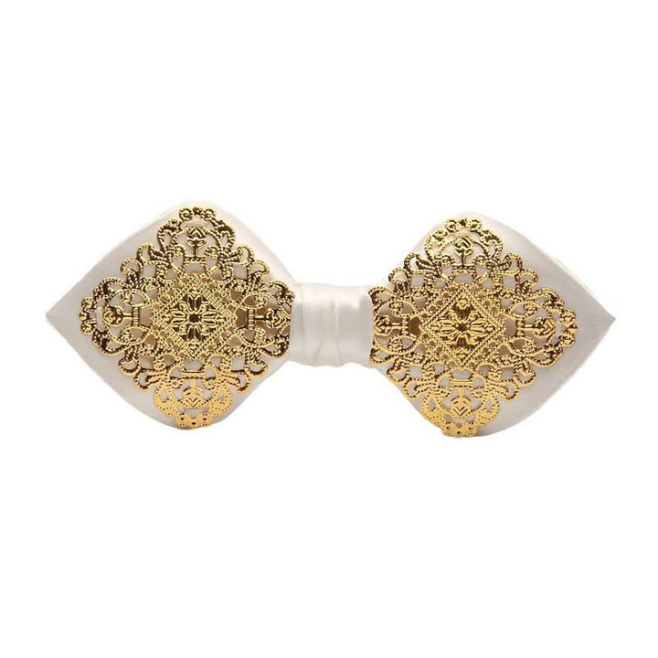 Men's Palace Pattern Gold Metal Pointed Bow Tie - White - image 6