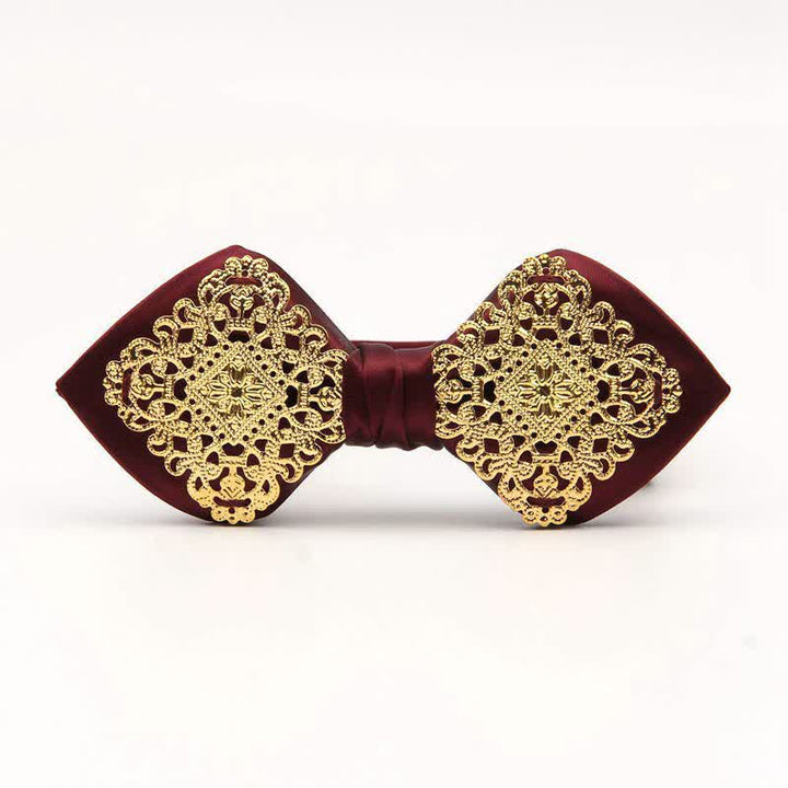 Men's Palace Pattern Gold Metal Pointed Bow Tie - Dark Red - image 1