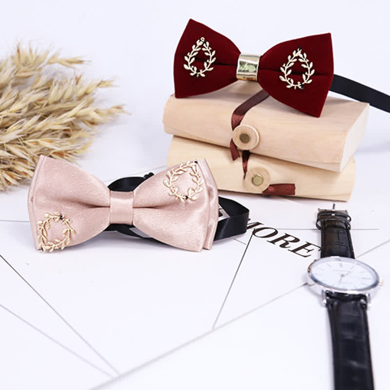 Men's Gold Applique Metal Leaf Decoration Bow Tie - image 10