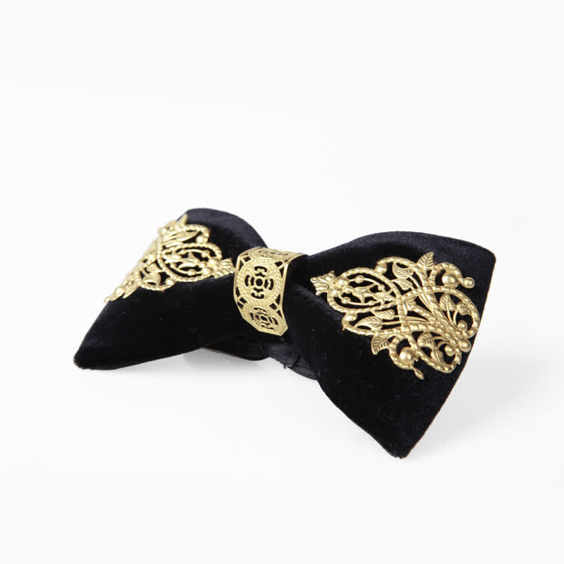 Men's Black Velvet Gold Embellished Bow Tie - image 1