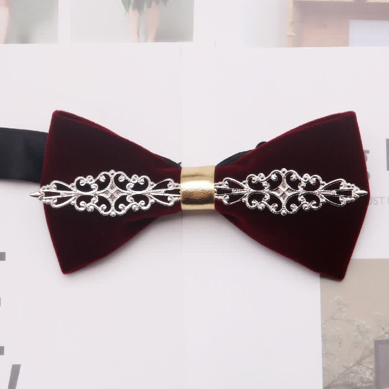 Men's Dark Burgundy Gold Silver Floral Metal Bow Tie - Style #4 - image 3