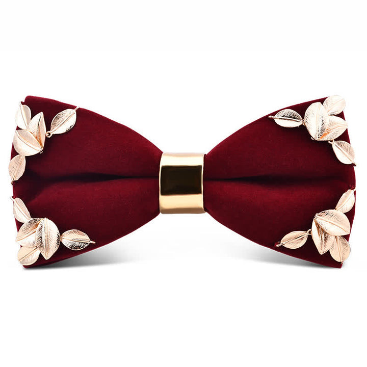 Men's Dark Burgundy Gold Metal Flower Leaves Bow Tie - Style #9 - image 8