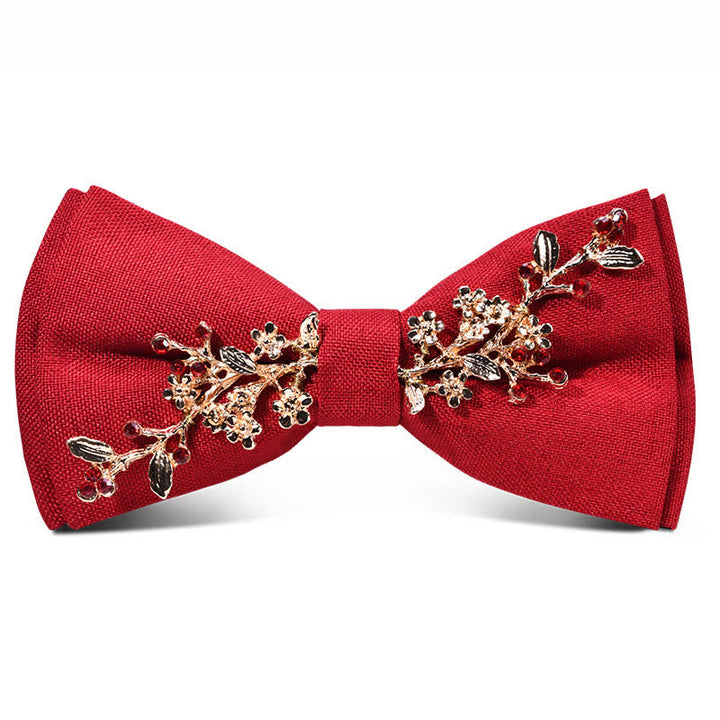 Men's Dark Burgundy Gold Metal Flower Leaves Bow Tie - Style #3 - image 2