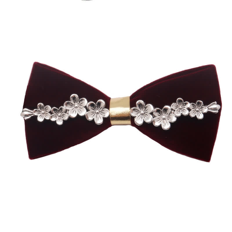 Men's Dark Burgundy Gold Silver Floral Metal Bow Tie - Style #1 - image 0