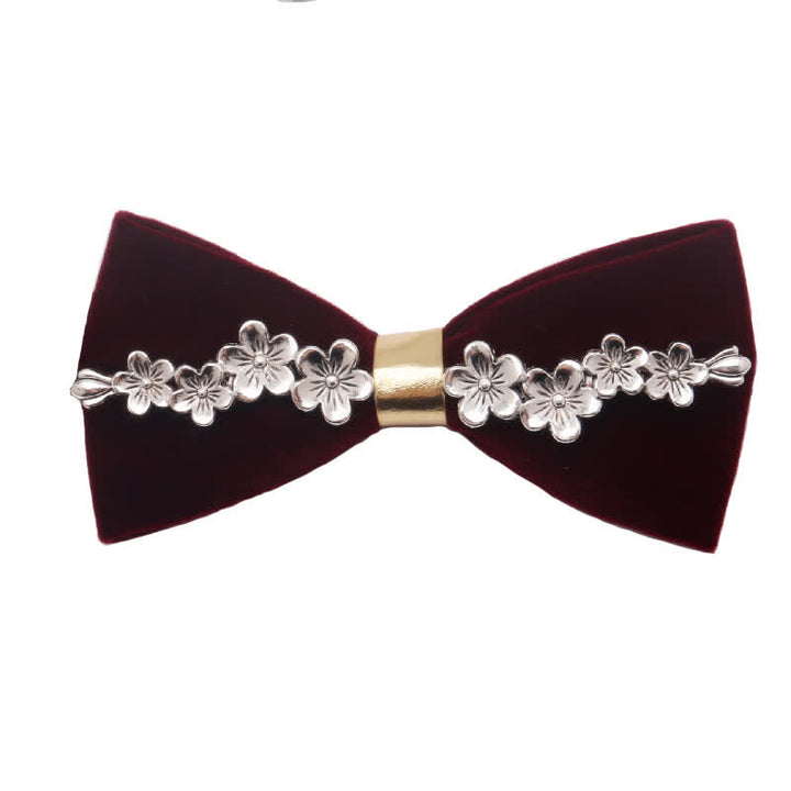 Men's Dark Burgundy Gold Silver Floral Metal Bow Tie - Style #1 - image 0
