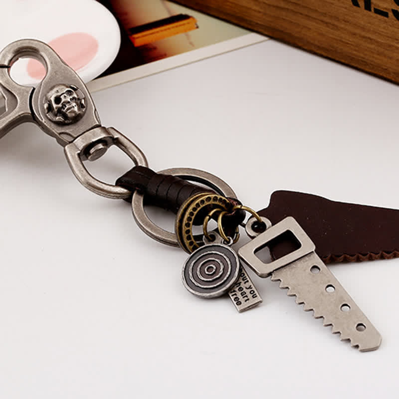 Creative Saw Carved Skull Leather Keychain - image 3