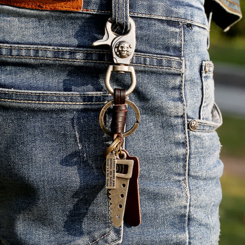 Creative Saw Carved Skull Leather Keychain - Saw - image 0
