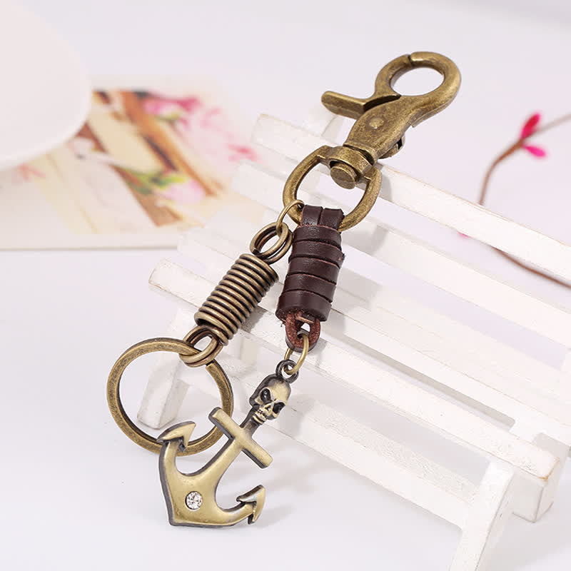 Charming Boat Anchor Skull Leather Keychain - image 2