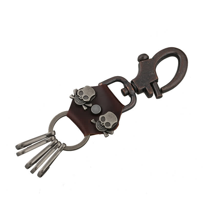 Punk Dual Skull Head Leather Keychain - Brown - image 2