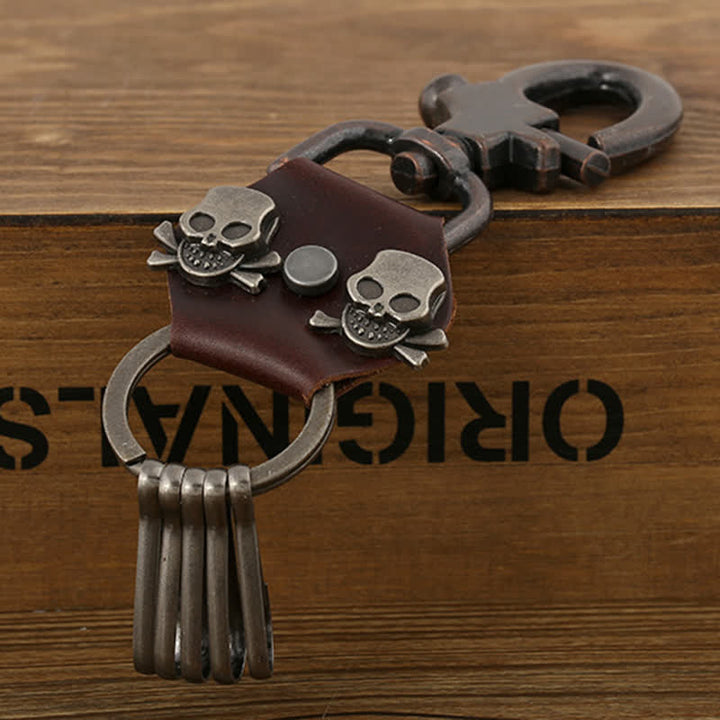 Punk Dual Skull Head Leather Keychain - image 3