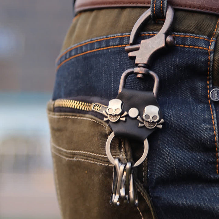 Punk Dual Skull Head Leather Keychain - Black - image 0