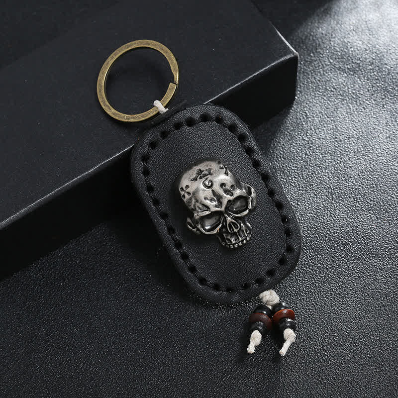 3D Punk Skull Decor Pendant Leather Keychain - Black - image 4