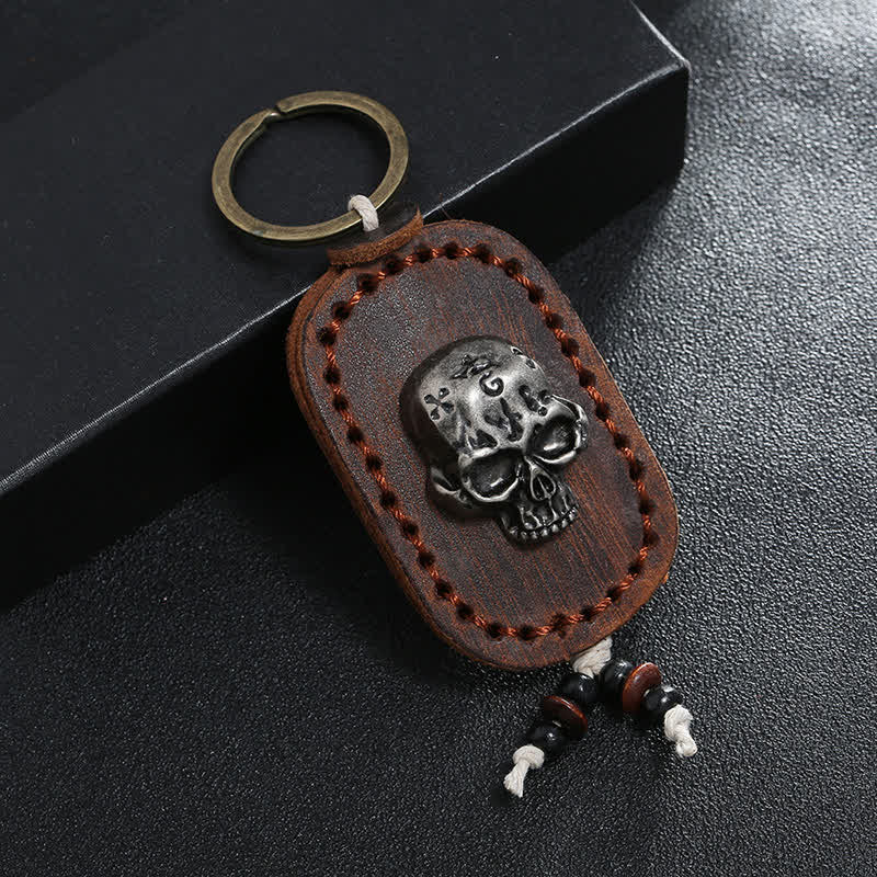 3D Punk Skull Decor Pendant Leather Keychain - Brown - image 0