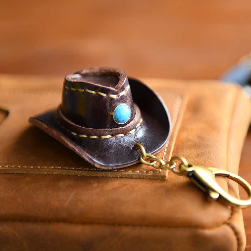 MIni Cowboy Leather Hat Handmade Keychain - Brown - image 11