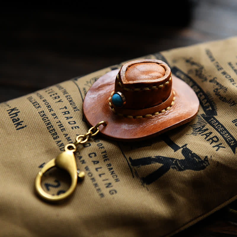 MIni Cowboy Leather Hat Handmade Keychain - Orange - image 0