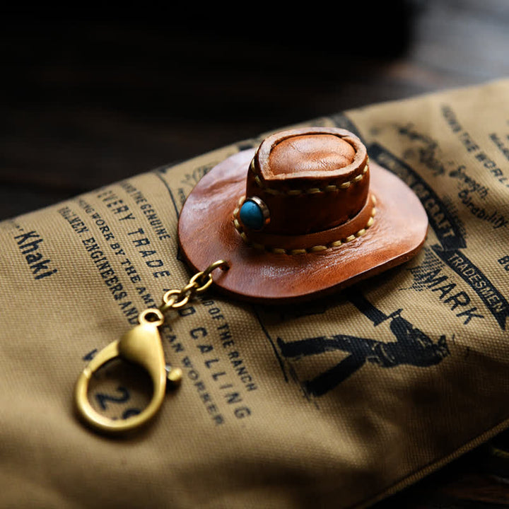MIni Cowboy Leather Hat Handmade Keychain - Orange - image 0