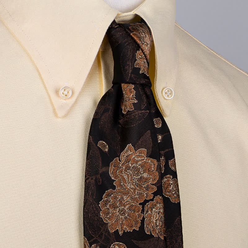 Men's Navy Brown Elegant Floral Leaves Necktie - Brown - image 3