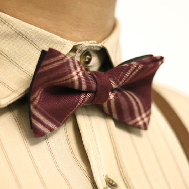 Men's Burgundy British Style Plaid Cotton Bow Tie - Burgundy - image 0