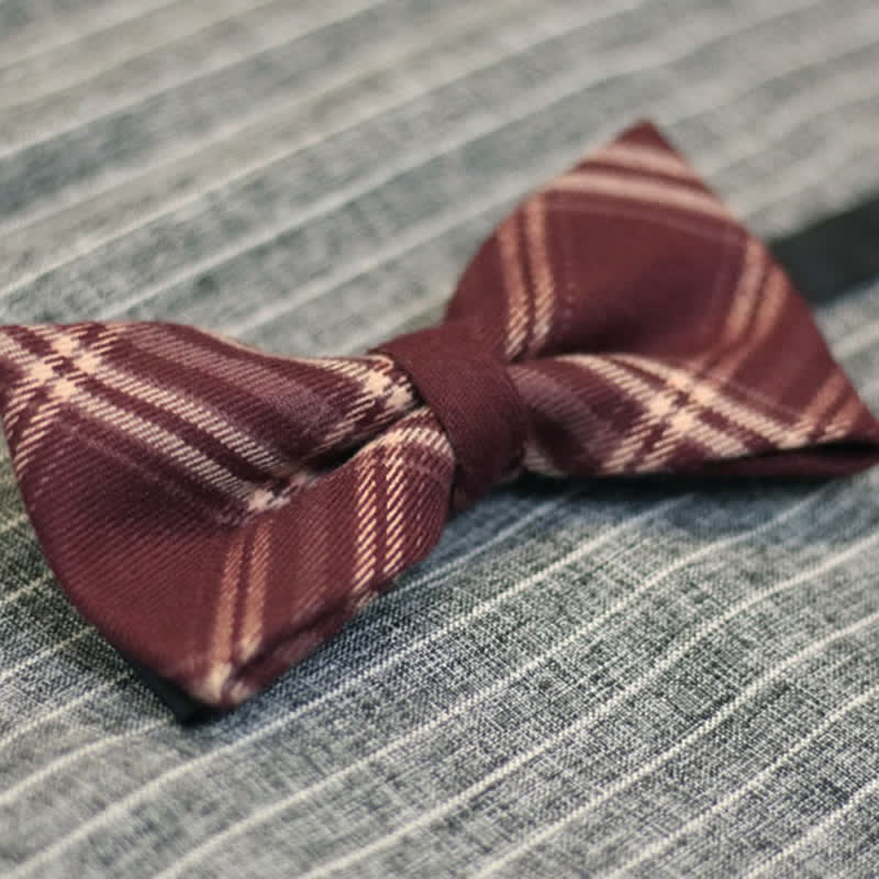 Men's Burgundy British Style Plaid Cotton Bow Tie - image 1