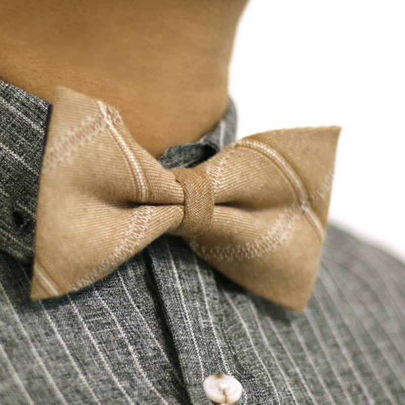 Men's Khaki British Style Plaid Cotton Bow Tie - Khaki - image 0