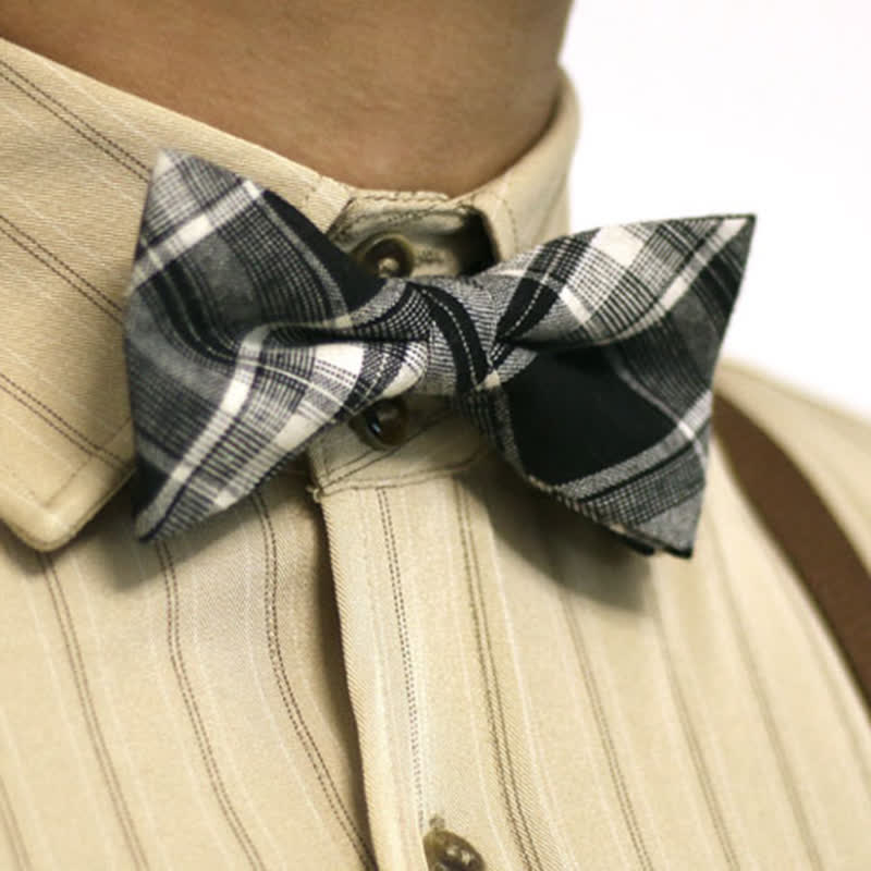 Men's Black & White British Style Plaid Cotton Bow Tie - Black & White - image 0