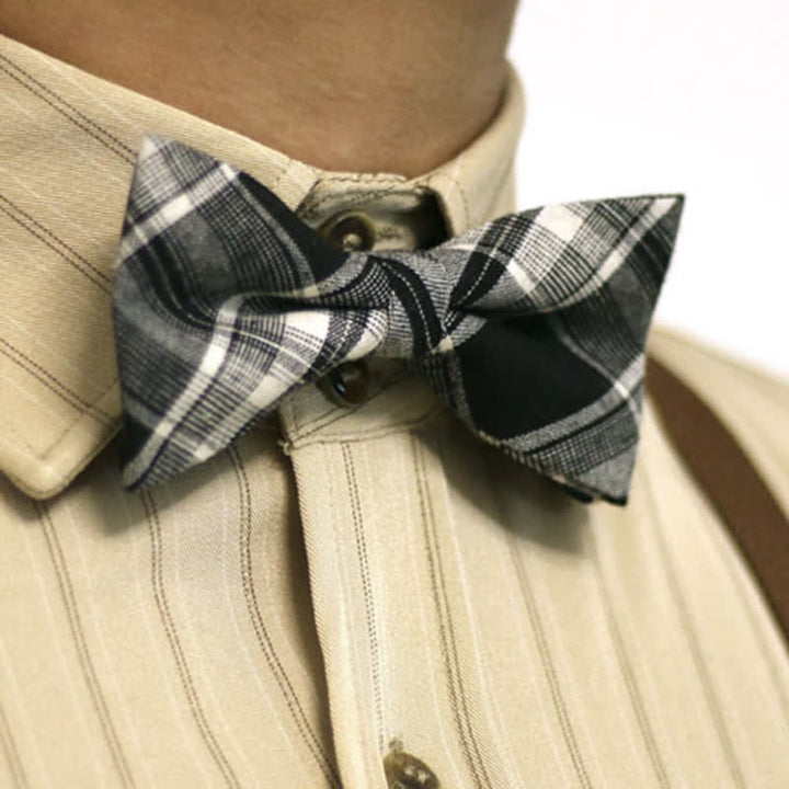 Men's Black & White British Style Plaid Cotton Bow Tie - Black & White - image 0