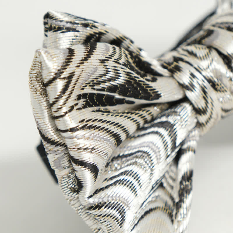 Men's Handmade Shiny Silver Gray Pattern Bow Tie - image 4