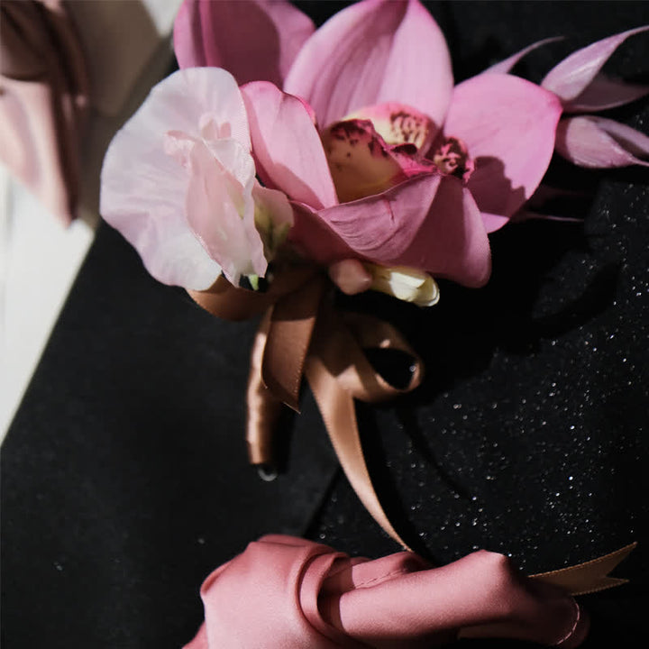 3Pcs Men's Smoky Pink Brooch Handkerchief Fishtail Bow Tie Set - image 2
