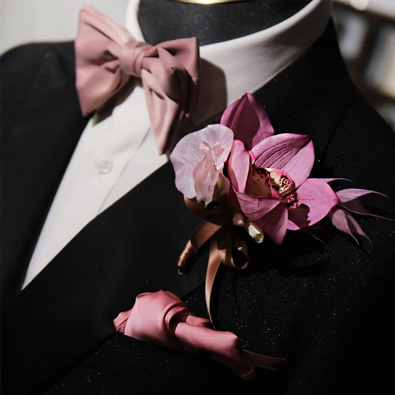 3Pcs Men's Smoky Pink Brooch Handkerchief Fishtail Bow Tie Set - image 4