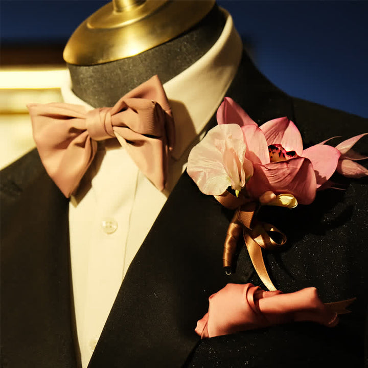 3Pcs Men's Smoky Pink Brooch Handkerchief Fishtail Bow Tie Set - image 5