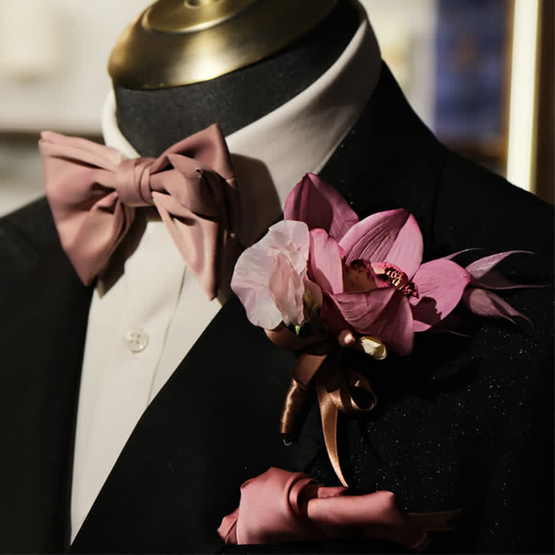 3Pcs Men's Smoky Pink Brooch Handkerchief Fishtail Bow Tie Set - Smoky Pink - image 0