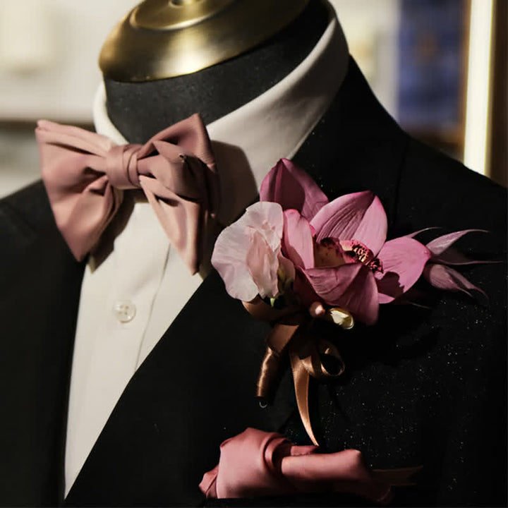 3Pcs Men's Smoky Pink Brooch Handkerchief Fishtail Bow Tie Set - Smoky Pink - image 0