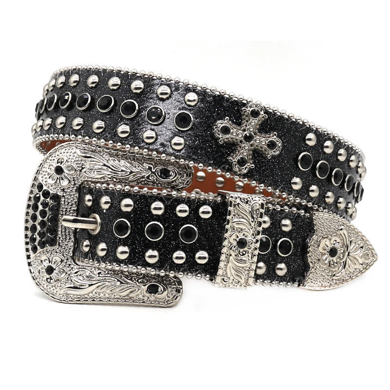 Western Bling Cross Rivet Studs Leather Belt - Black - 44 - image 0