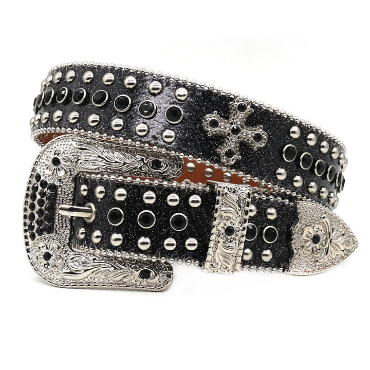 Western Bling Cross Rivet Studs Leather Belt - Black - 44 - image 0