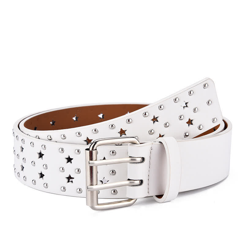 Star Double Prong Hollow Out Rivets Leather Belt - image 11