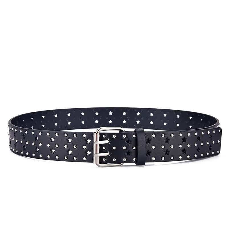 Star Double Prong Hollow Out Rivets Leather Belt - image 3