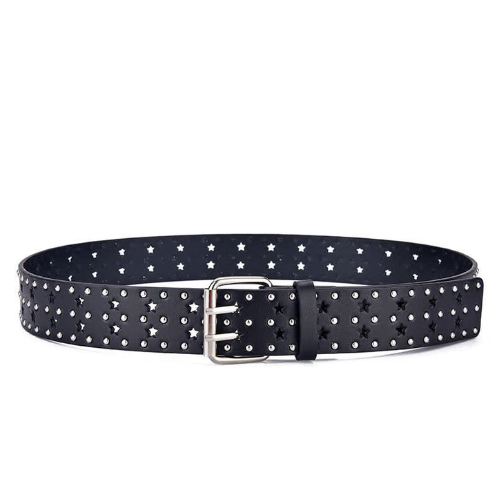 Star Double Prong Hollow Out Rivets Leather Belt - image 3
