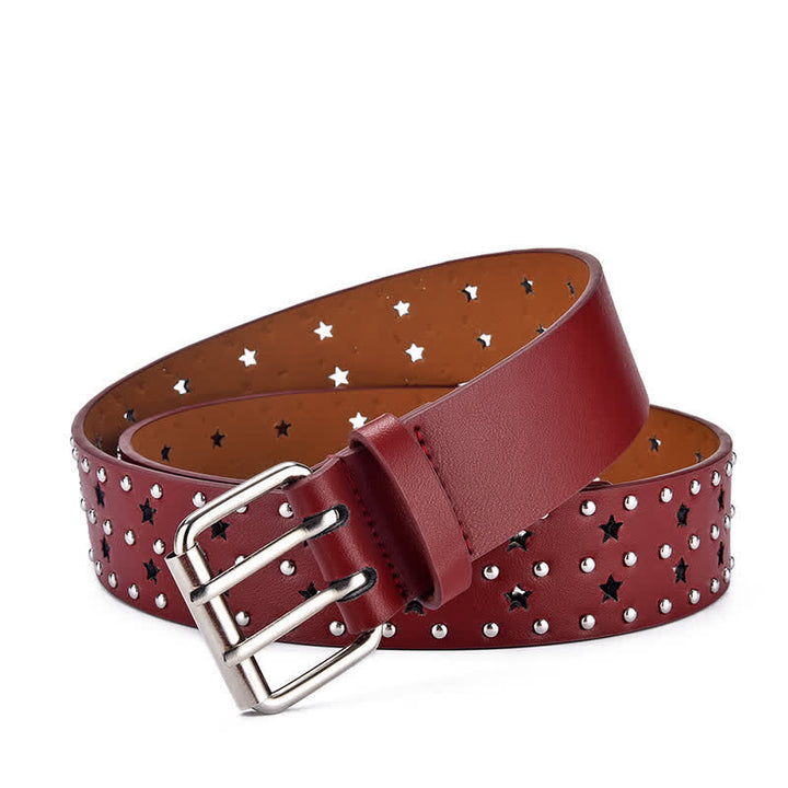 Star Double Prong Hollow Out Rivets Leather Belt - Dark Red - 38 - image 5