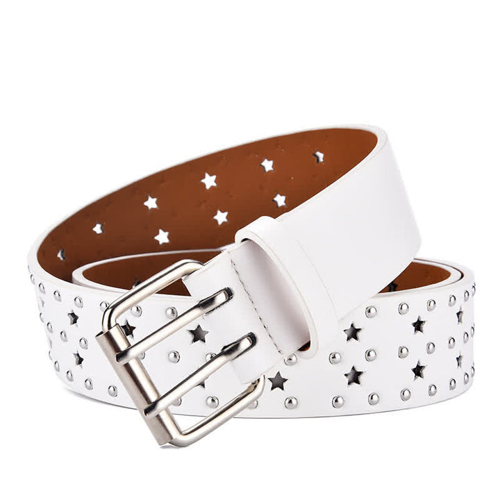 Star Double Prong Hollow Out Rivets Leather Belt - White - 38 - image 9