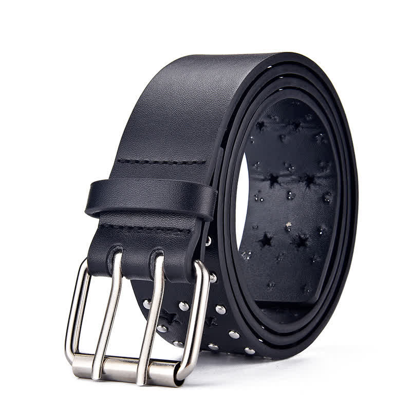 Star Double Prong Hollow Out Rivets Leather Belt - image 2