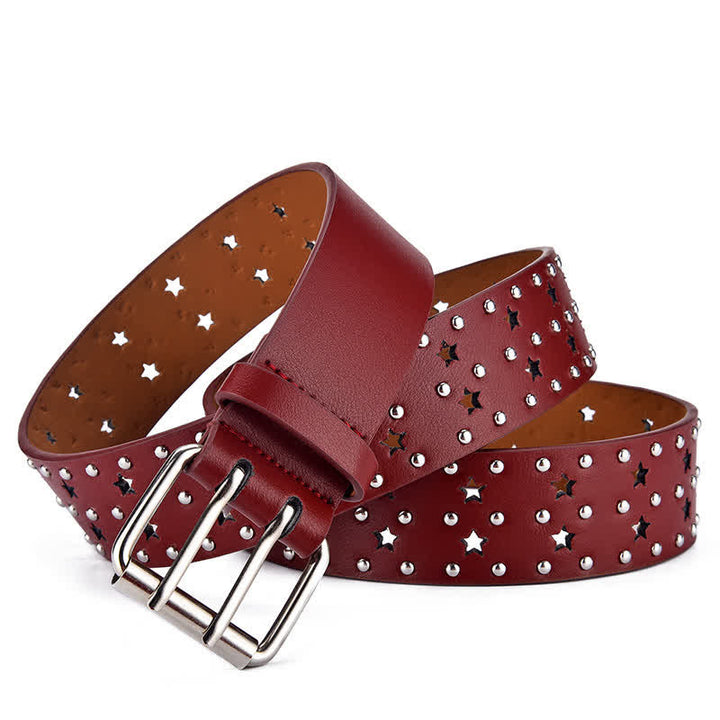 Star Double Prong Hollow Out Rivets Leather Belt - image 7