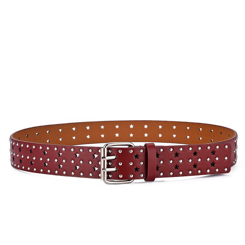 Star Double Prong Hollow Out Rivets Leather Belt - image 8