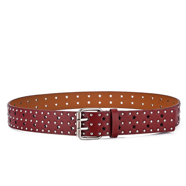 Star Double Prong Hollow Out Rivets Leather Belt - image 8