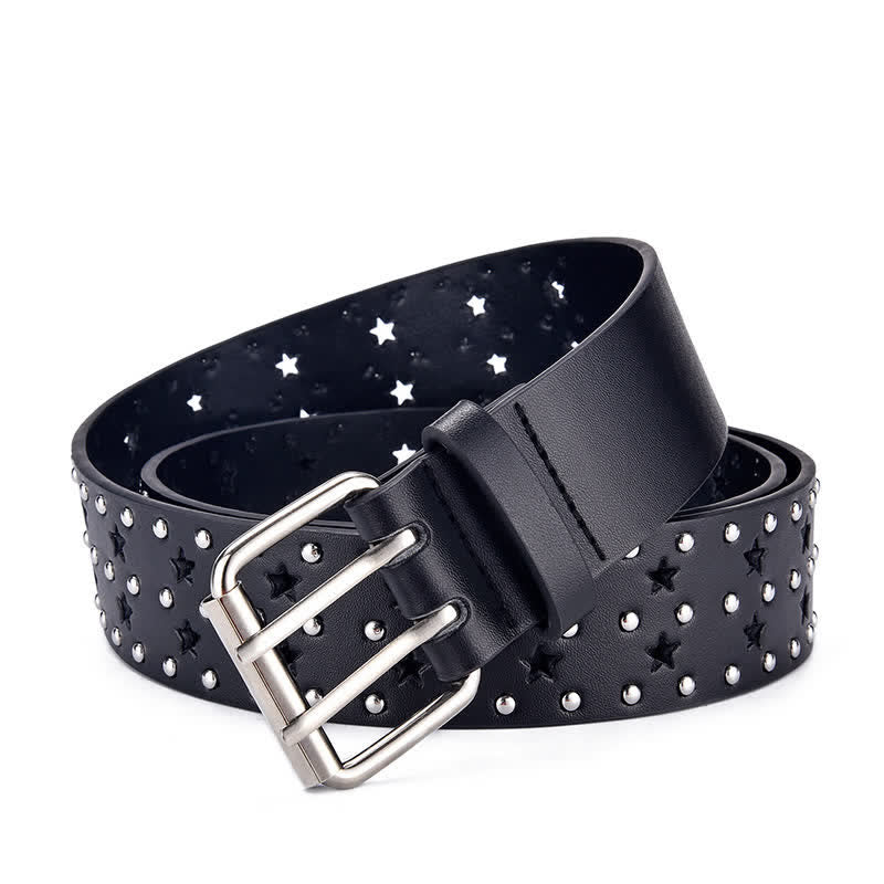 Star Double Prong Hollow Out Rivets Leather Belt - Black - 38 - image 0