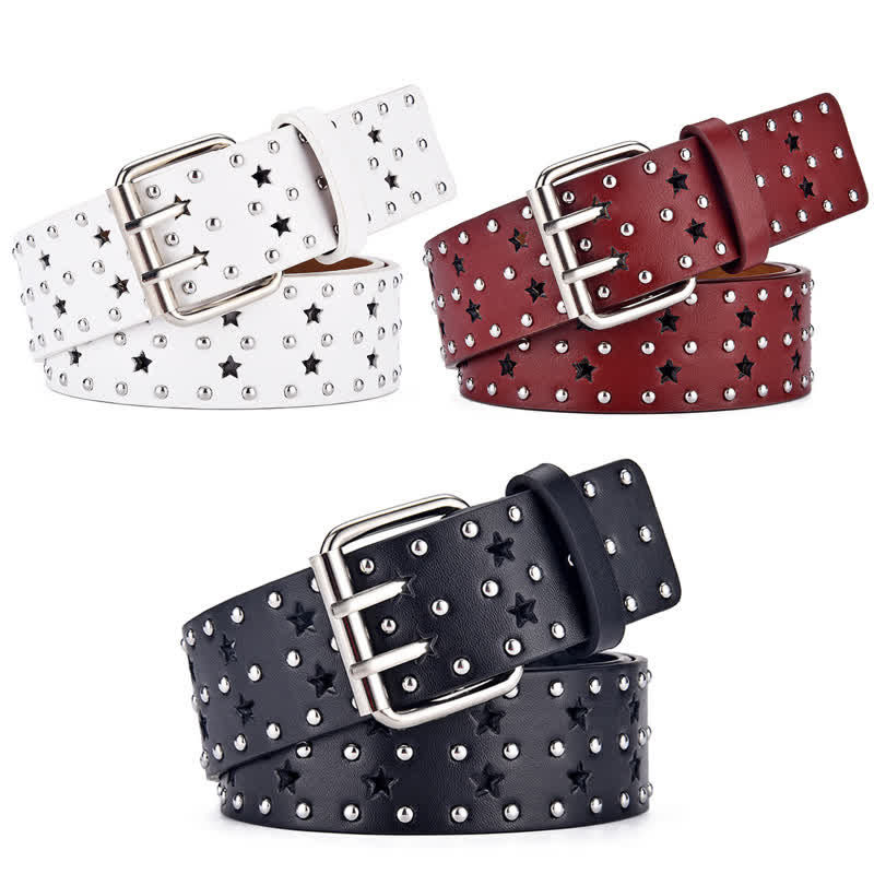 Star Double Prong Hollow Out Rivets Leather Belt - image 4