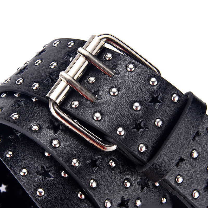 Star Double Prong Hollow Out Rivets Leather Belt - image 1