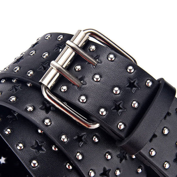 Star Double Prong Hollow Out Rivets Leather Belt - image 1