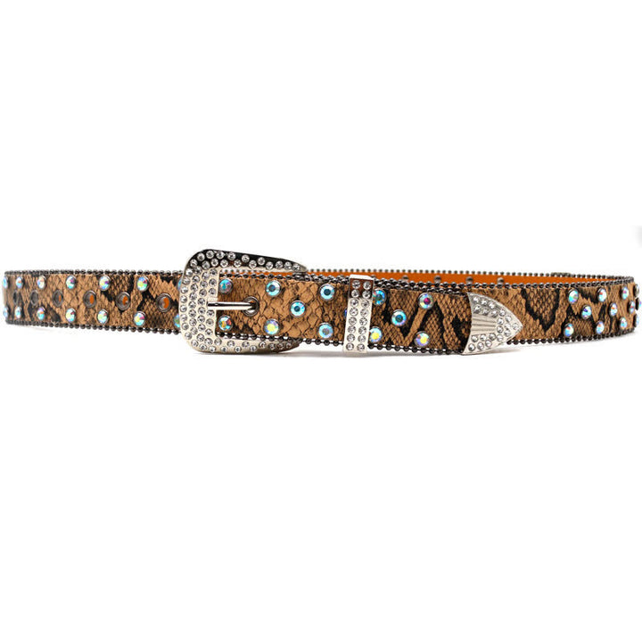 Brown Snake Pattern Sparkling Cross Rivets Leather Belt - image 3