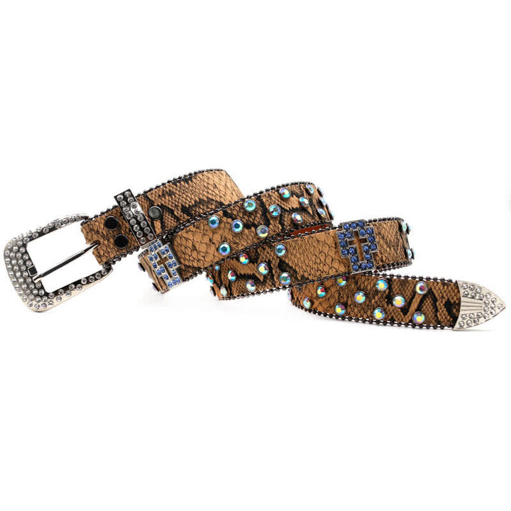Brown Snake Pattern Sparkling Cross Rivets Leather Belt - image 1